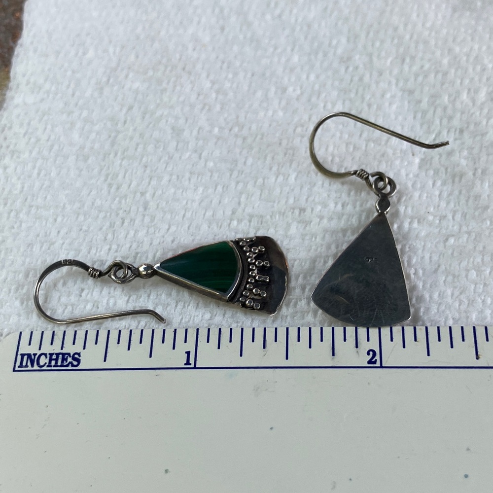 Vintage Silver and Malachite Teardrop Dangle Earrings - Picture 4 of 7